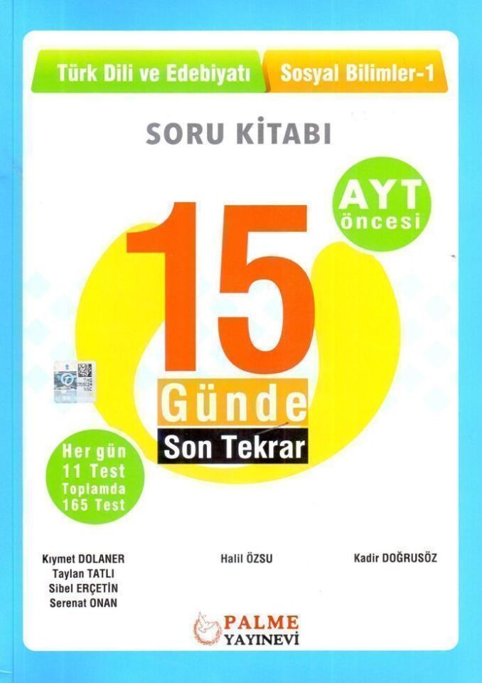 Palme Yayınları AYT Öncesi Türk Dili ve Edebiyatı Sosyal Bilimler 1 15 Günde Son Tekrar Soru Kitabı